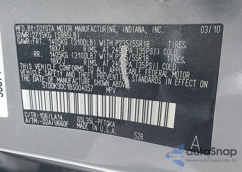 2011 Toyota Sienna Xle/Limited z USA, uszkodzony, nr VIN 5TDDK3DC1BS004057